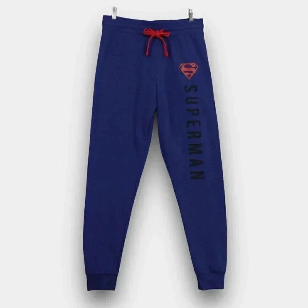 DC Comics Superman Jogger Sweatpants S & M Blue Fleece Drawstring Logo Cuffed